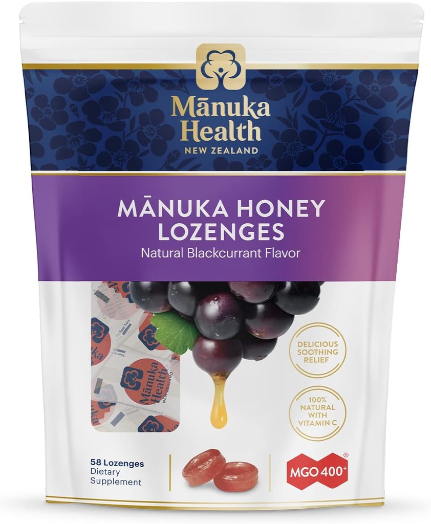 Manuka Health Manuka Honey Throat Lozenges - Blackcurrant Flavored Lozenges, 58- Greve - Hoste Drops Infunderes med rå Manuka honning & C-vitamin til immunforsvar