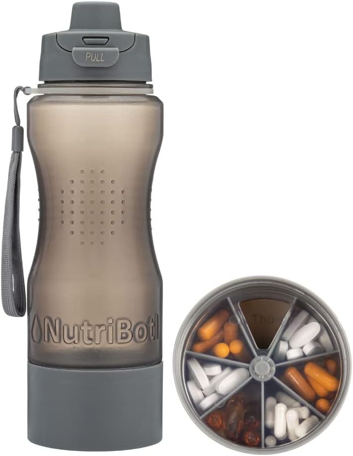 Sundhed Vand Flaske Pill Organizer - 33oz Stor kapacitet - Sag for piller Vitaminer Kosttilskud Medicinske tabletter - Bærbar 7-Day Pillbox til Rejser Gym Office Udendørs - w / Easy Carry rem