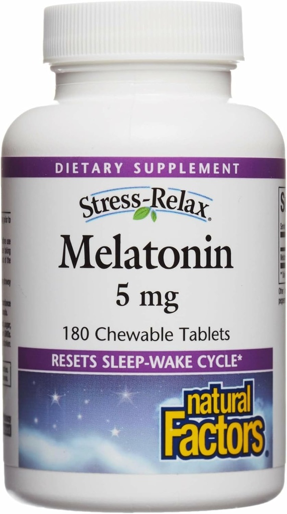 Stress- Relax Melatonin 5 mg af naturlige faktorer, Natural Sleep Aid, Nulstiller Sleep- Wake Cycle, 180 tyggetabletter (180 portioner), Pebermynte Flavor