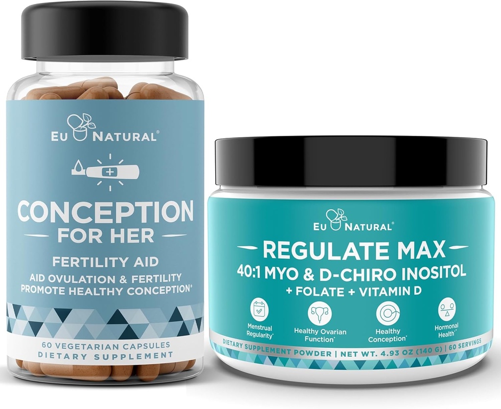 Conception for hendes kapsler + Regulere MAX Myo-Inositol D-Chiro Inositol Powder - Fertilitet Support, Hormone Balance, Regulere cykler - 60 Vegetariske bløde kapsler + 60 Servering pulver