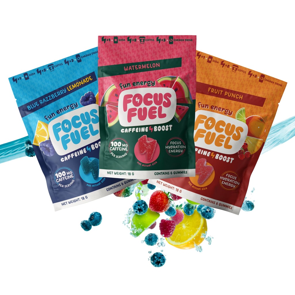 FocusFuel Energy Chews - Trial Size Variety Sample Pack (9 Servere) - 100mg Koffein + Alpha GPC + L- Theanine + B12, Magnesium - Blue Razzberry Lemonade, Watermelon, Fruit Punch - Ingen Crash eller Jitters