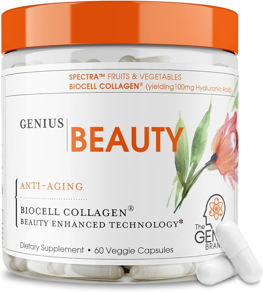 Genius skønhed, hår hud & negle Vitaminer, 60 kapsler - Anti- Aging Antioxidant Supplement, Hydrolyseret kollagen piller, Glutathion & Astaxanthin - Detox rense, rynker, hårvækst og sund hud