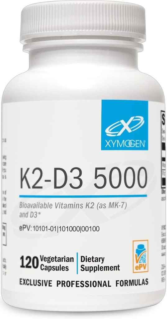 XYMOGEN K2- D3 5000 - vitamin D3 K2 - biotilgængelig vitamin D 5000 IE (Cholecalciferol) med MK- 7 - hjerte, arterial, benesundhed + immunsupporttilskud (120 kapsler)