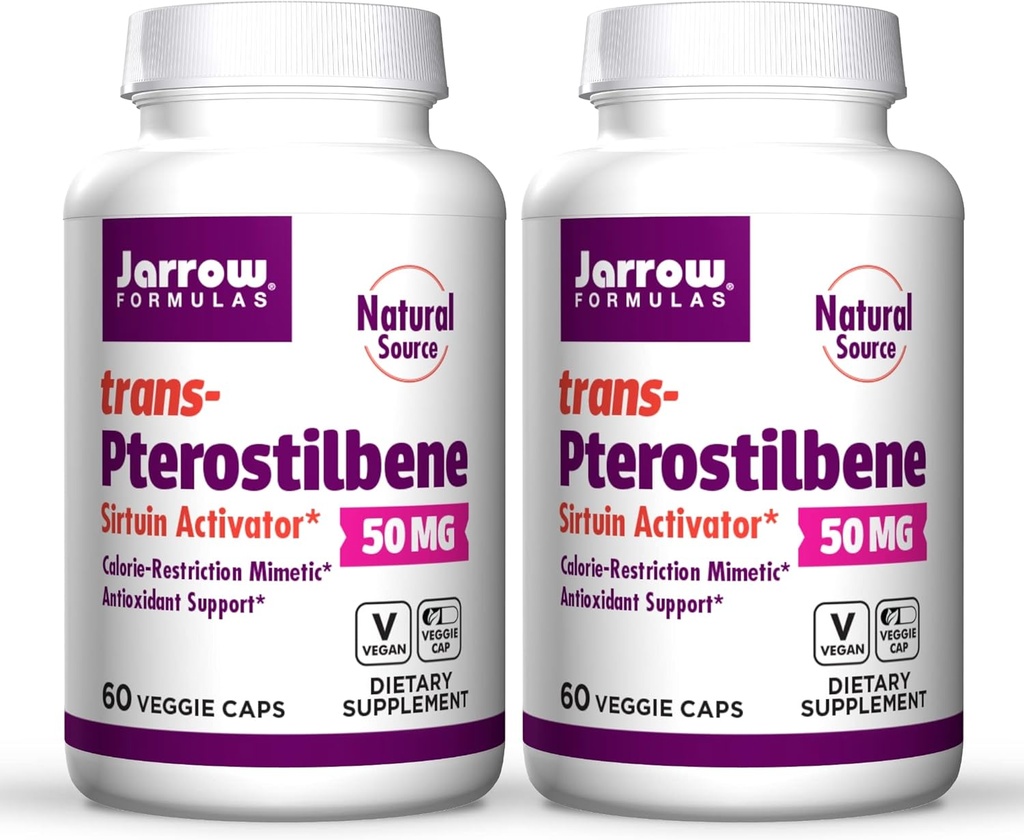 Jarrow Formulas trans- Pterostilben, 50 milligram Per Serving, 60 vegetariske kapsler. Pakning med 2 flasker
