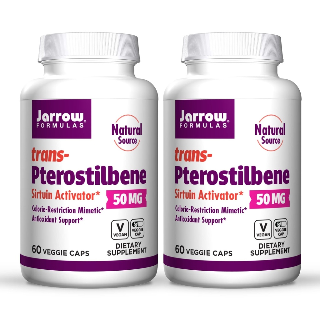 Jarrow Formulas trans- Pterostilben, 50 milligram Per Serving, 60 vegetariske kapsler. Pakning med 2 flasker
