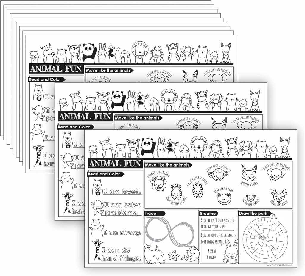 Animal Farvelægning Sider for børn Bulk Aktivitet Placemater for børn Gross Motor Færdigheder, Fine Motor Færdigheder, Visual Motor Færdigheder, Brain Break Aktiviteter, ADHD værktøjer til børn, Autisme Learning Materialer