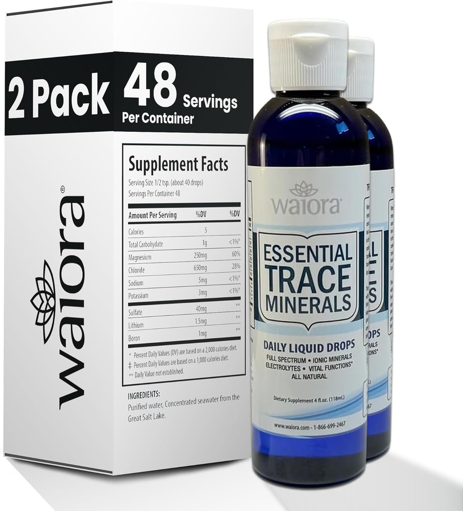 Waiora Essential Trace Minerals - 124; Hjælp med at genoprette Lost / Depleteret Minerals - 124; 60 + Ionic Trace - Minerals - 124; Support Body 's Vital Functions, pH Balance - 124; Plus Elektrolytter til hydrering (2 Bott / 96 serv)