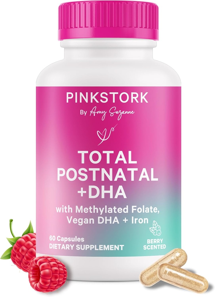 Pink Stork Total Postnatale Vitaminer for kvinder med Vegansk DHA, Jern, Folat, og vitamin B12, Postpartum Inddrivelse Essentials, Dagligt tillæg for ammende mødre - 1 måned Tilgang