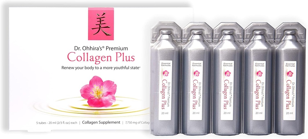 Dr. Ohhiras Premium Collagen Plus. En flydende let blandet kollagen supplement med 7,750 mg Marine collagen peptider, Plus Cherry Blossom Extract, og en Plant- baseret probiotisk koncentrat, 5 Pack