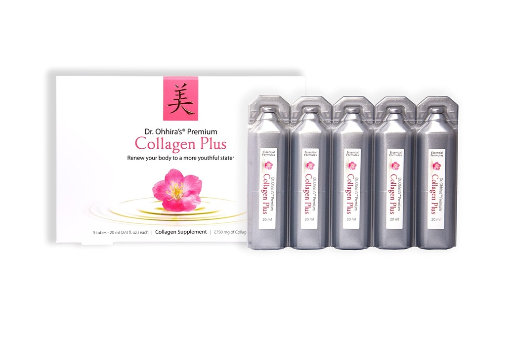 Dr. Ohhiras Premium Collagen Plus. En flydende let blandet kollagen supplement med 7,750 mg Marine collagen peptider, Plus Cherry Blossom Extract, og en Plant- baseret probiotisk koncentrat, 5 Pack