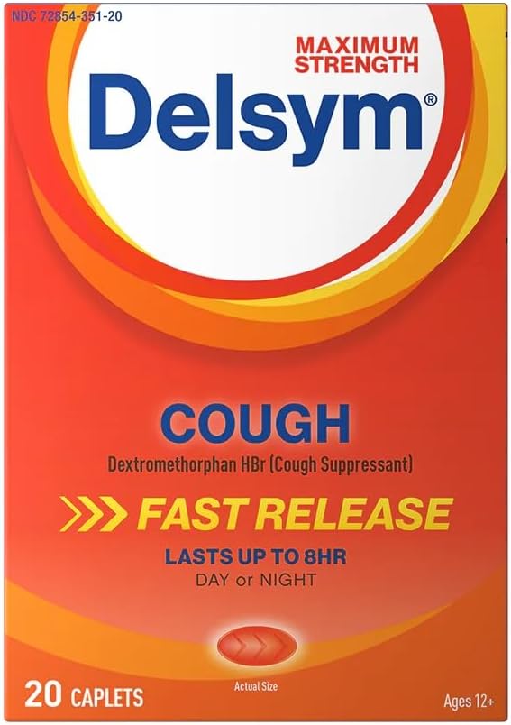 Delsym Maksimal styrke Host suppressant, hurtig frigivelse kapsler, varer op til 8 timers dag eller nat, 20 Greve