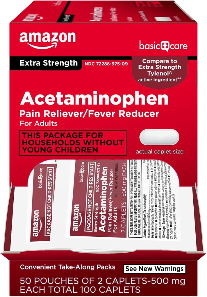 Grundlæggende pleje - Ekstra styrke Acetaminophen Caplet 500 mg, 100 Tæl (50 poser med 2 kapsler)