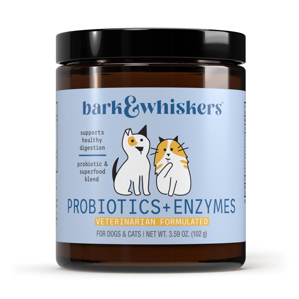 Bark & Whiskers Probiotika + enzymer - Understøtter fordøjelsessygdomme og immunsystem - Probiotisk supplement til katte og hunde - 60 Scoops