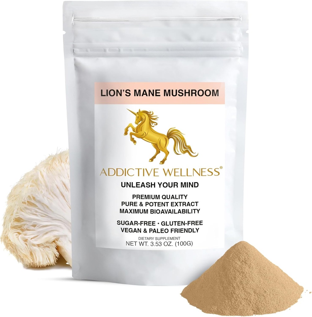 Addictive Wellness Lions Mane Supplement Powder, Premium Quality Lions Mane Mushroom Powder Dual- Extract Nootrop, Sugar Free, Vegan & Paleo Lions Mane Mushroom Supplement - 1500 mg (100 Bedste)