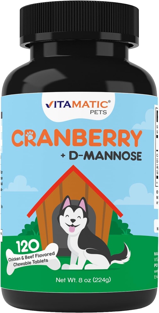 Vitamatisk tranebær til hunde - 120 tyggetabletter - med D-Mannose, Apple Cider Vincifersyre & C-vitamin - Urinspor & Bregen Støtte til hunde