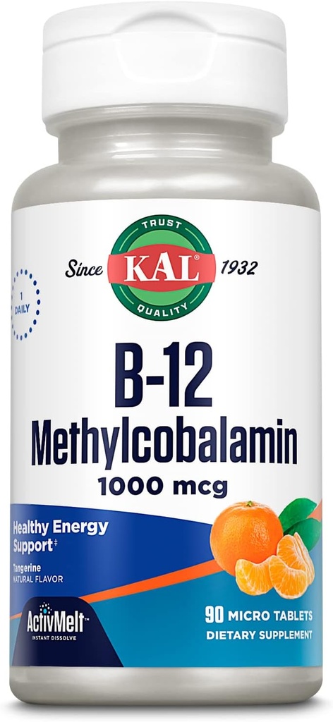 KAL vitamin B12 Methylcobalamin 1000mcg, sund energi, Metabolisme, Nerve & Red Blood Cell Support, * Hurtig opløsning ActivMelt, Optimal Absorption, Natural Tangerine Flavor, 90 Servering, 90 Micro Tabs