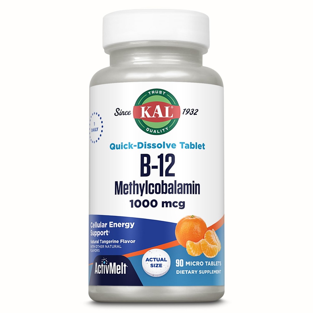KAL vitamin B12 Methylcobalamin 1000mcg, sund energi, Metabolisme, Nerve & Red Blood Cell Support, * Hurtig opløsning ActivMelt, Optimal Absorption, Natural Tangerine Flavor, 90 Servering, 90 Micro Tabs