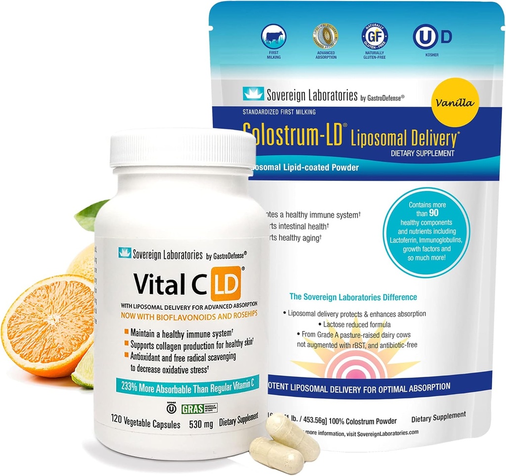 Immunitet og Gut Health Bundle - 90 dages forsyning af colostrum-LD og 60 dages forsyning af Vital C. med rosehofter og bioflavonoider.