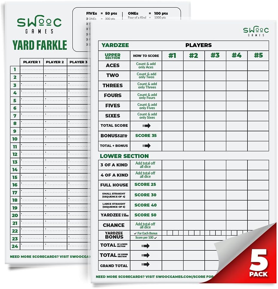 SWOOC Games ® - 5 Big Premium laminerede Yardzee & Farkle Score Cards (11.5in x 8in) med regler - Store Genanvendelige Try Erase Pads til Giant Outdoor Dice