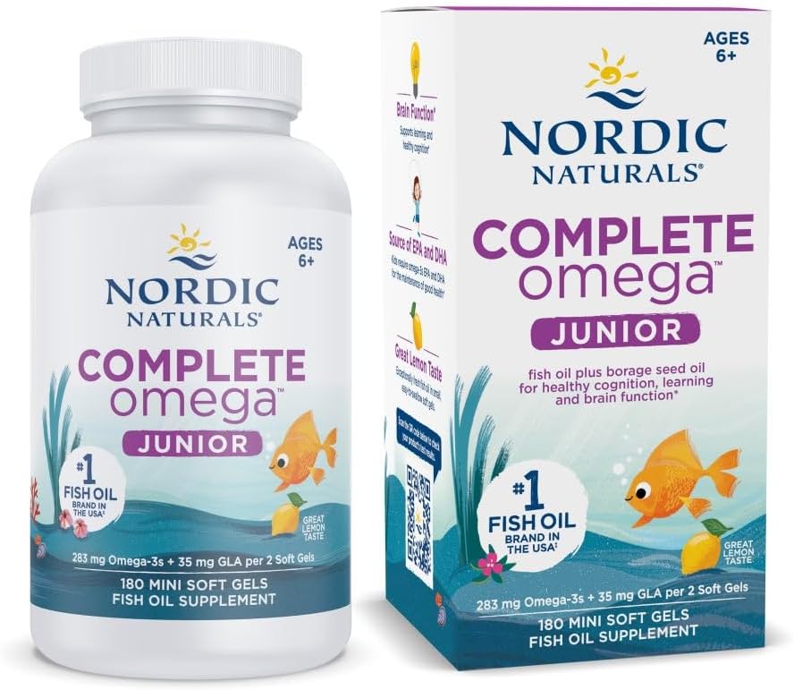 Nordic Naturals Complete Omega Jr., Lemon - 180 Mini Soft Gels - 283 mg Total Omega-3s & 35 mg GLA - Healthy Cognition, Nervous System Function - Non-GMO - 90 Servings