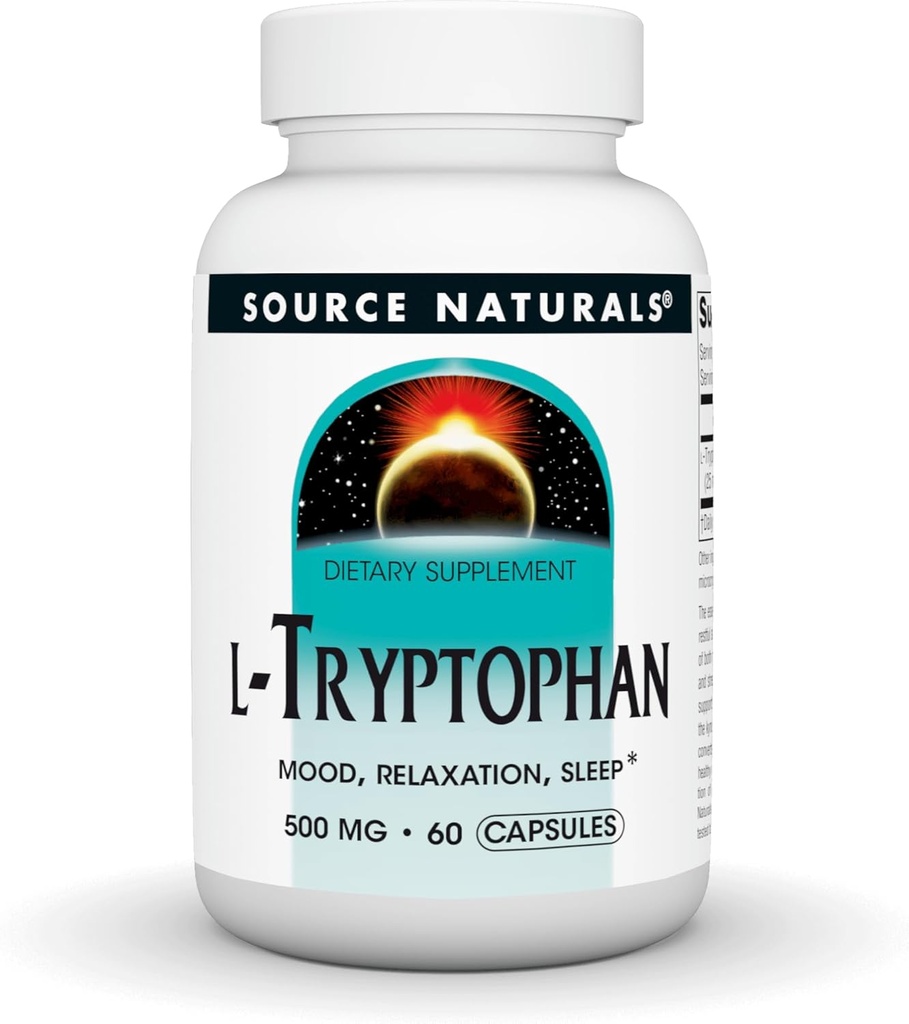 Source Naturals L- Tryptophan, for Mood, Afslapning og søvn *, 500mg - 60 kapsler