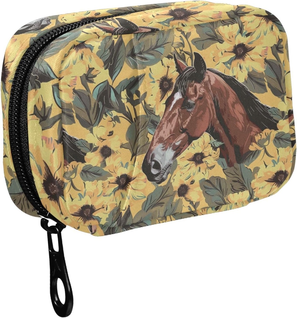 Fustylead Hand Draw Horse og Gul Flower Leavse Pill Organizer til purse, Ugentlig Portable Pill Box med lynlås til opbevaring Vitaminer Fish Olies Medicin Kosttilskud