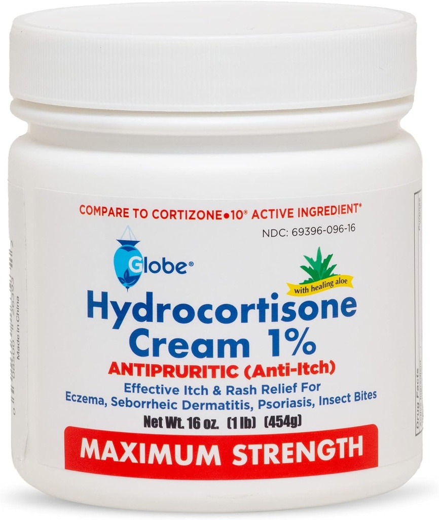 Globe Hydrocortison Maximum Strength Cream 1% w / Aloe, 16 oz, Anti- Itch Cream for Rødme, Hævelse, Kløe, Udslæt, Bug / Mosquito Bides, Eksem, Hæmorroider & Mere, 16 oz Jar
