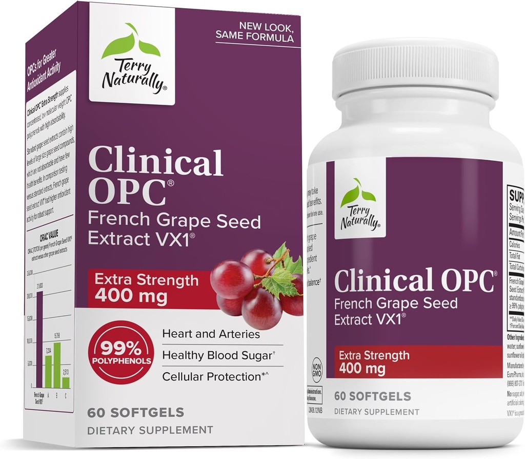 Terry naturligt Klinisk OPC ekstra styrke - Kardiovaskulær Health & Focus Support - Supplement med Grape Seed Extract - Immun Support Supplement - 60 Softgels