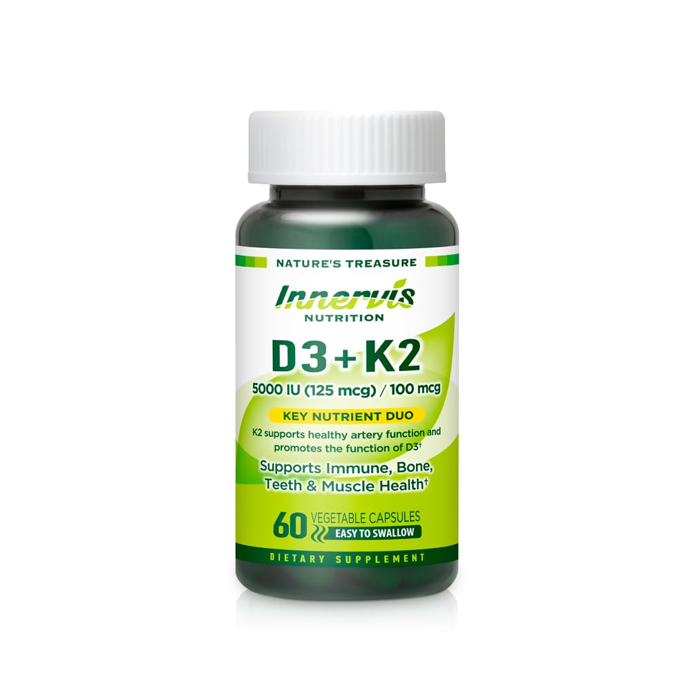 D3 5000 IE + K2 MK- 7 100mcg - ben, hjerte - og immunstøtte, let at synke, 60 kapsler