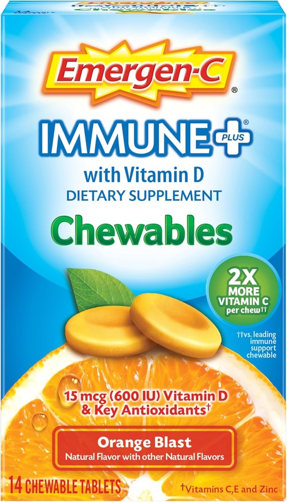 Emergen- C immun + tyggetabletter 1000mg vitamin C tabletter, med D-vitamin, immuntilskud Kosttilskud til immunitet, Orange Blast Flavor - 14 Greve
