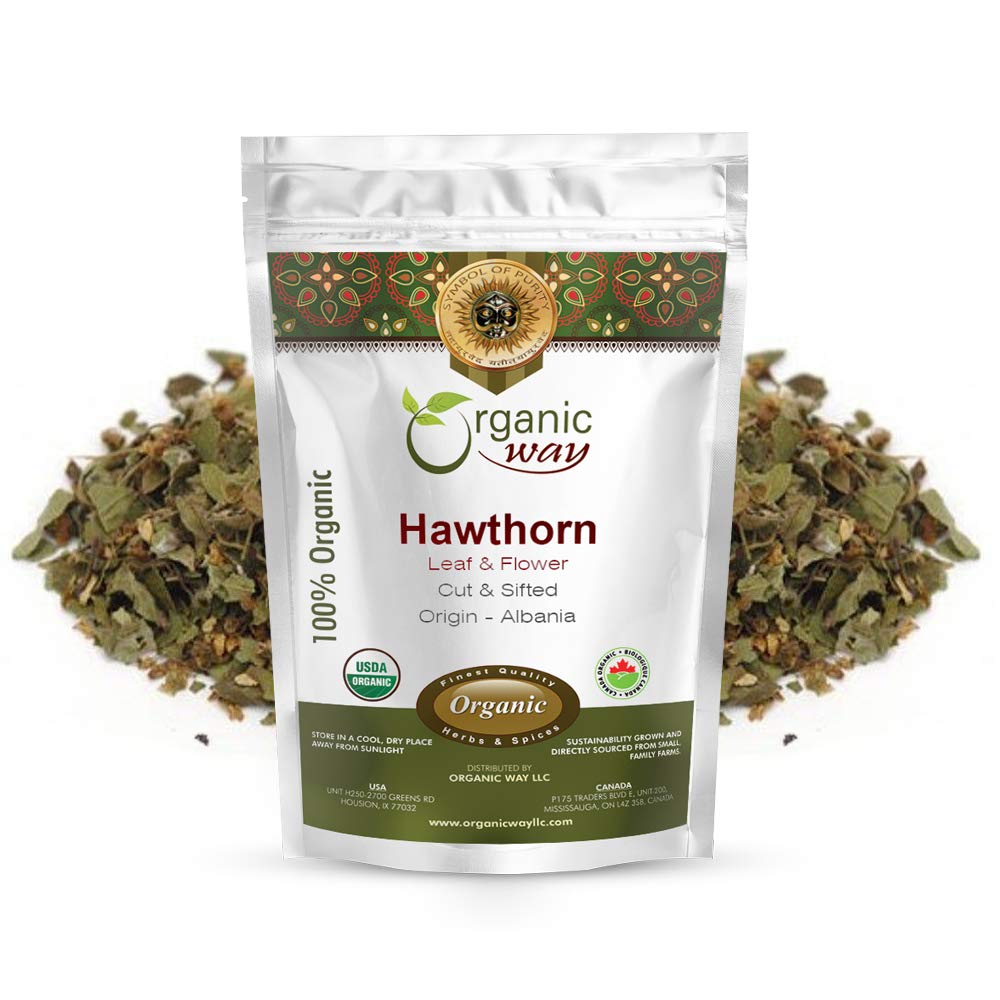 Organic Way Hawthorn Leaf og Flower Cut & Sifted (Crataegus monogyna) - Herbal Tea Budd124; European Wild- Harvest Budd124; USDA & Kosher Certified Budd124; Non GMO & Gluten Free Budd124; Oprindelse - Albanien (4 Oz)