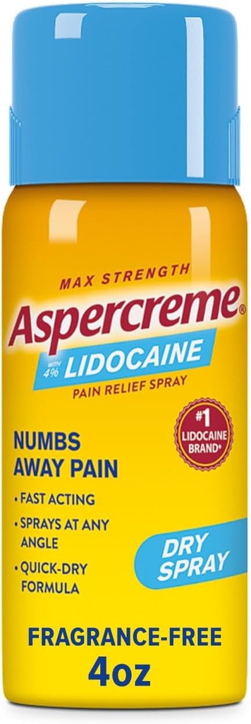 Aspercreme Lidocain Dry Spray Sodhes Aggraated Nerves, Numbing Topical Pain Relief Spray med Max- Strength 4% Lidocain Spray ved enhver vinkel, 4 Oz.