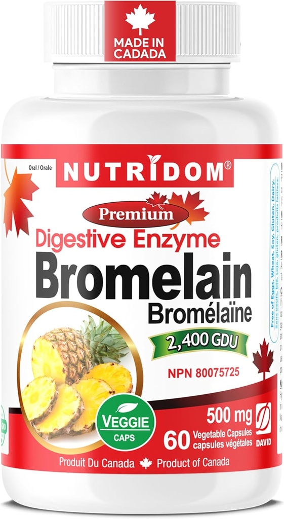 Nutridom Bromelain fordøjelsesmiddel Enzyme Pineapple Kosttilskud, 2400 GDU, 500mg, Non- GMO, Vegan, Gratis Gluten, Soy & Dairy (60 Greve)
