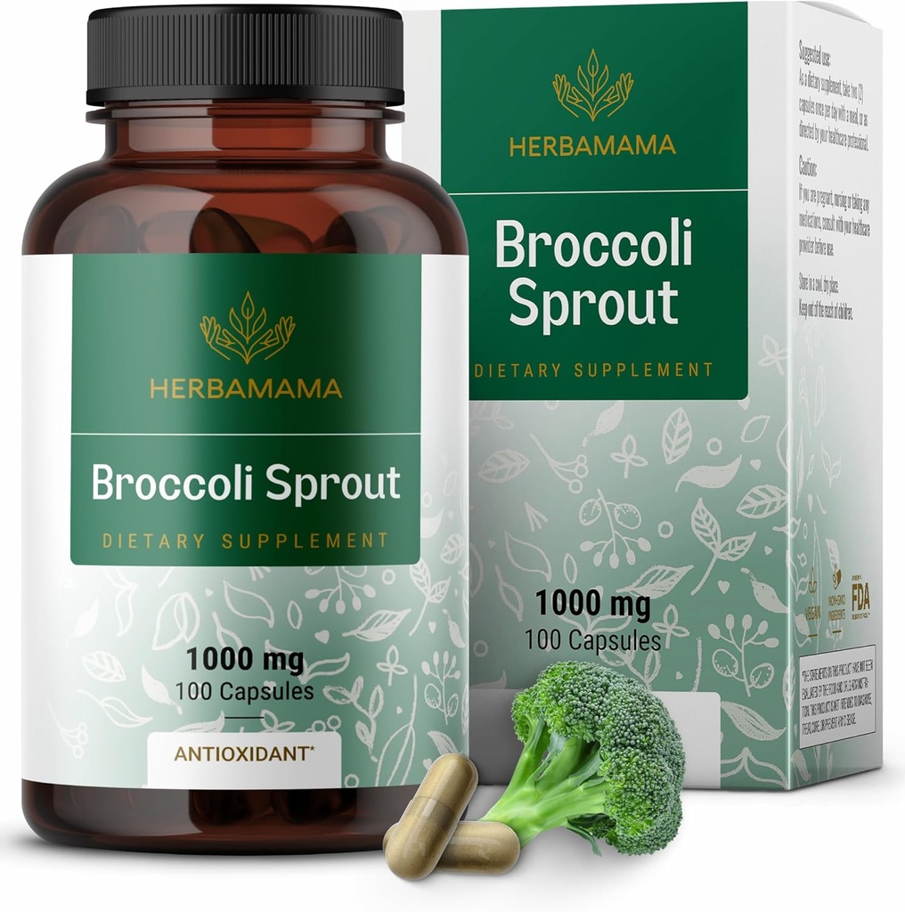 HERBAMAMA Broccoli Sprutter Kapsler - 1000mg Broccoli Sprut Uddrag til Antioxidant & Immunstøtte - Vegan, Non- GMO Sulforaphane Kosttilskud, 100 Caps