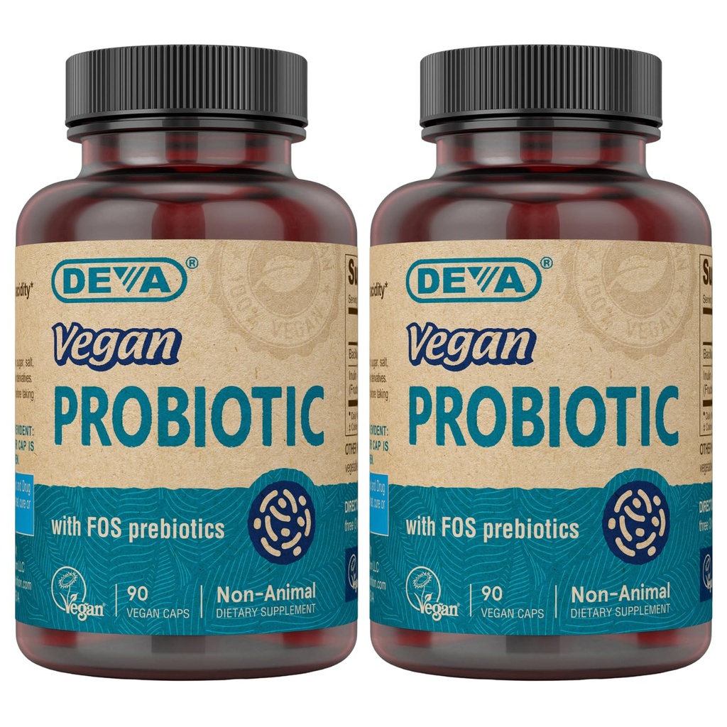 DEVA Vegansk Probiotisk med FOS Prebiotics Supplement - 2 Millioner CFU med 100 MG Prebiotics Per Servering for mænd og kvinder - Non- Dairy Gluten Free - naturligt holdbart - 90 kapsler (pakke med 2)