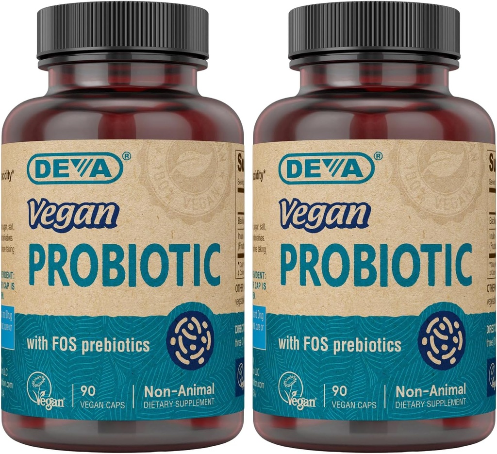 DEVA Vegansk Probiotisk med FOS Prebiotics Supplement - 2 Millioner CFU med 100 MG Prebiotics Per Servering for mænd og kvinder - Non- Dairy Gluten Free - naturligvis Opbevaringstid Stabil - 90 kapsler (pakning med 2)