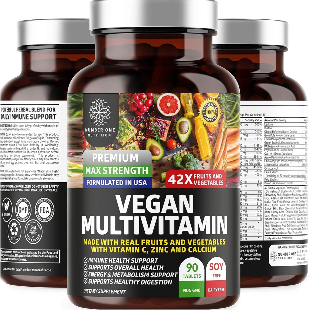 N1N Premium Plant Based Multivitamin [42 kraftfulde ingredienser] Mænd og kvinder Daglige Multivitaminer med rå Veggies og frugter, Probiotika, Alfalfa, Echinacea, Spirulina og fordøjelsesenzymer, 90 tabletter