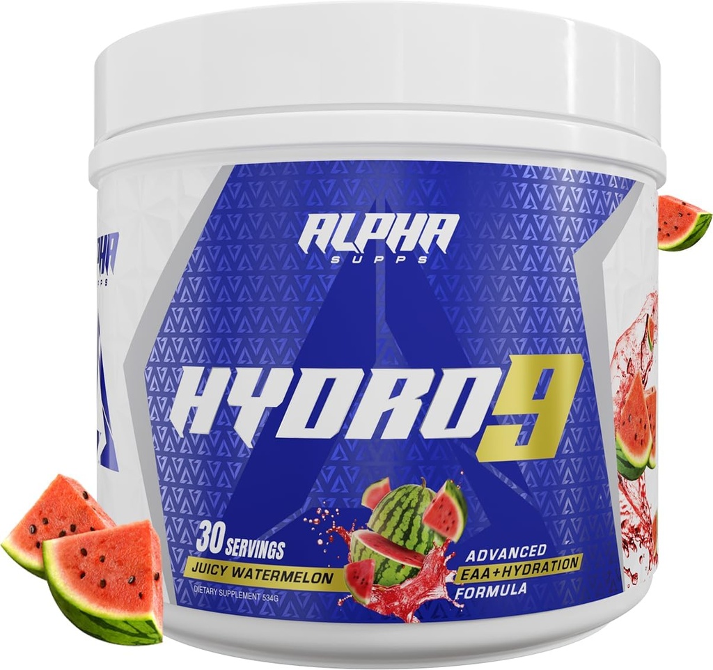 Alpha supps Hydro 9 Aminos againos 124; EAA + Hydration Formella 124; Essential Aminosyrer EAA pulver med BCAA & Electrolytes 30 Servere - Juicy Watermelon