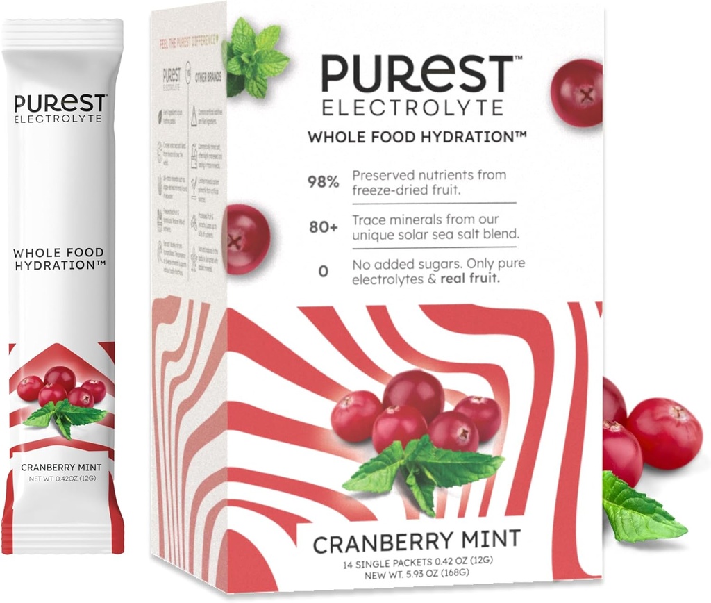 Kend Brainer New! Purest Electrolyte Cranberry Mint Powder Packets - Whole Food Hydration - Organic Freeze- Tørrede Frugter og Solar Sea Salte til Ultimate Electrolyte Balance
