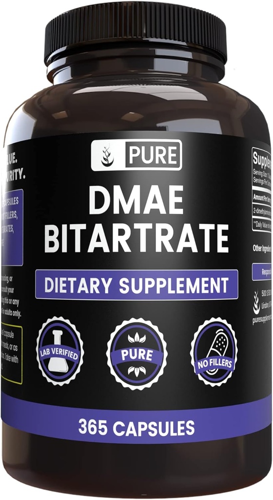 Pure Original Ingredienser DMAE Bitartrat (365 kapsler) Ingen Magnesium eller Rice Fillers, Altid Pure, Lab Verified