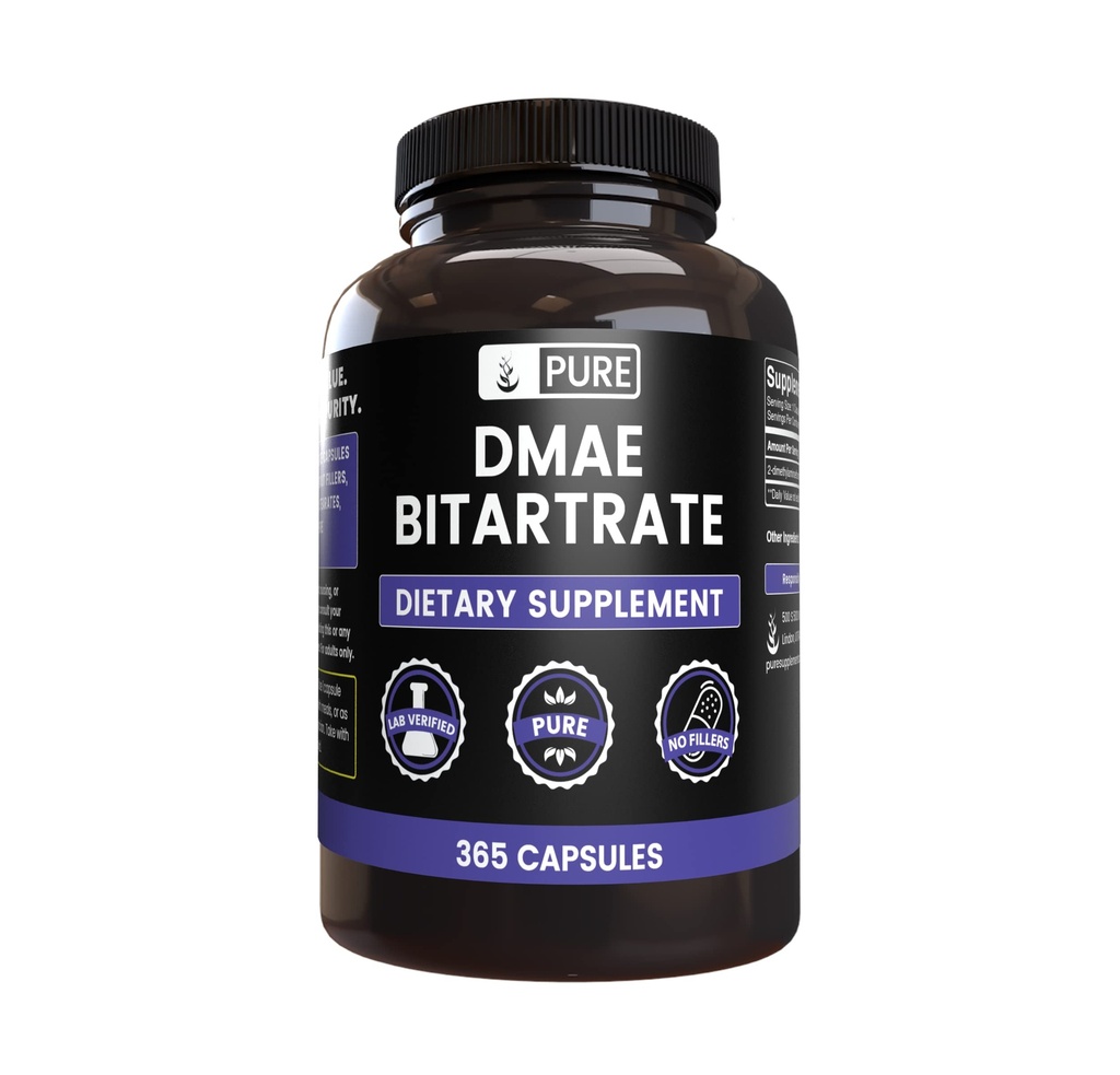 Pure Original Ingredienser DMAE Bitartrat (365 kapsler) Ingen Magnesium eller Rice Fillers, Altid Pure, Lab Verified