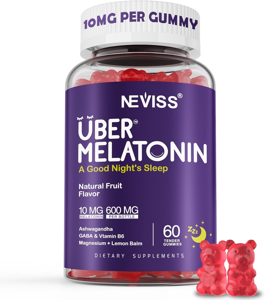 Melatonin Gummies 10mg 20mg til voksne, Melatonin 10 mg per gummy med Ashwagandha, Magnesium Glycinat, GABA, L- theanin, Valerian Root og Lemon Balm, Rest Support, Grape Flavor, 60 Cts