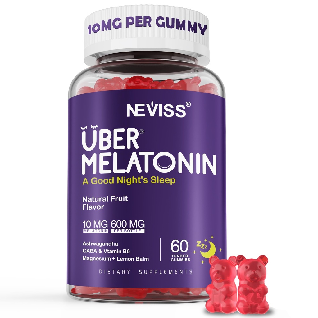 Melatonin Gummies 10mg 20mg til voksne, Melatonin 10 mg per gummy med Ashwagandha, Magnesium Glycinat, GABA, L- theanin, Valerian Root og Lemon Balm, Rest Support, Grape Flavor, 60 Cts