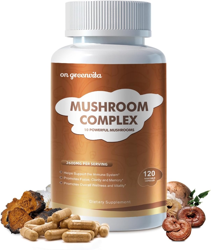 Mushroom Complex Supplement 2600mg, 120 Kapsler - 10 Mushrooms Blend - Reishi, Lions Mane, Cordyceps, Chaga, Tyrkiet Tail, Maitake, Shiitake, Oyster Nootrop Complex - Brain, Energy, Focus Pills
