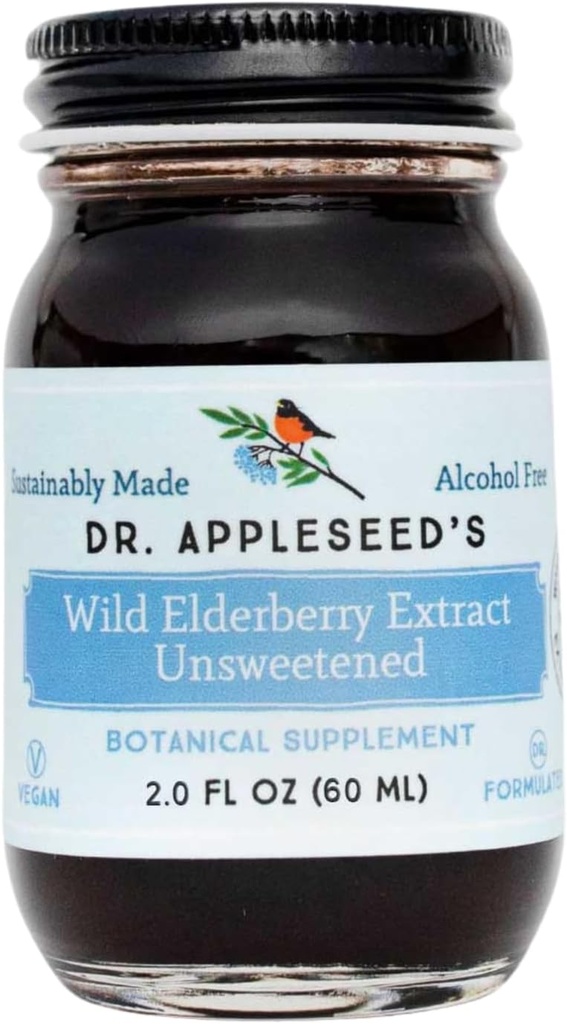 Dr. Appleseeds Wild Elderberry Extract Usødet Max Strength 720mg Kids + voksne Daglige immuntilskud Doctor- Formulerede Science- Backed Pure Vegan 25 Day Supply - 2 Fl Oz