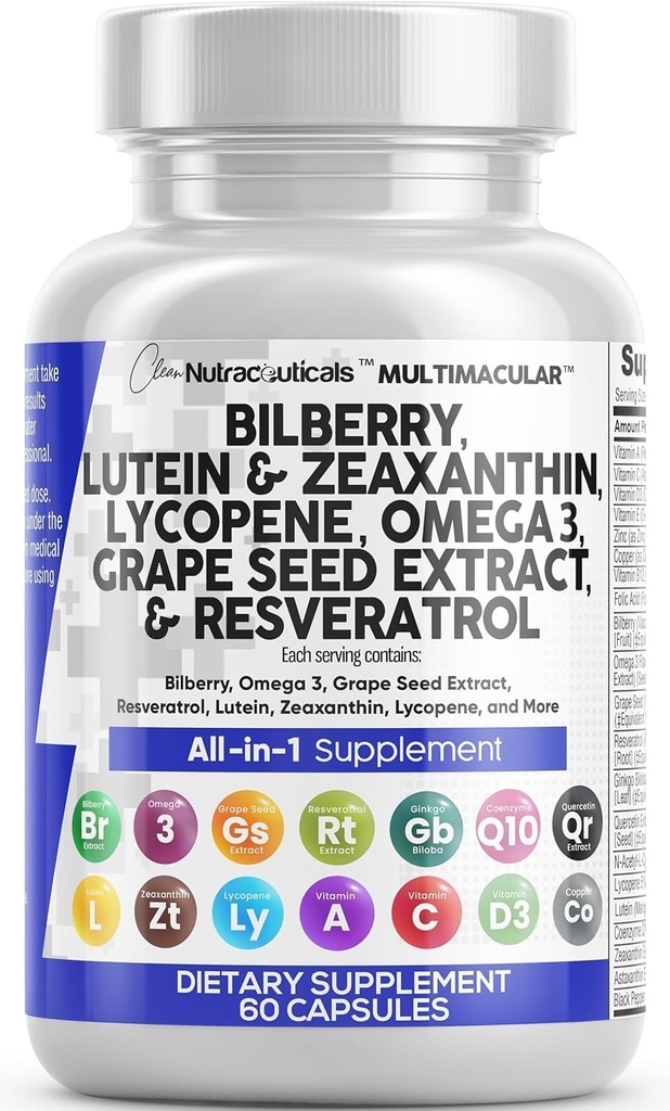 Renere Nutra Eye Vitaminer med Bilberry Lutein og Zeaxanthin Kosttilskud Lycopene 40mg Resveratrol Grape Seed Astaxanthin for Eyes - Eye Care Health Support Eye Vitamin og Mineral supplement