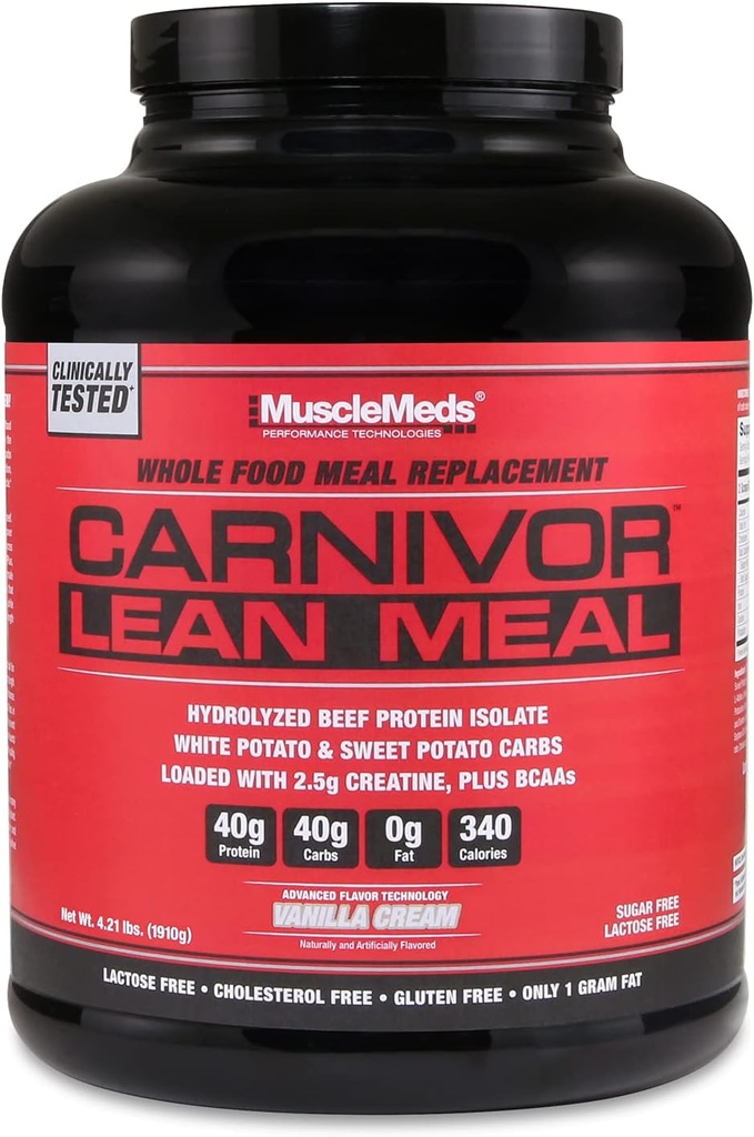 Muskler CARNIVOR LEAN MEAL hel mad erstatning shake, MRE, oksekød protein isolat, hvid kartoffel, sød kartoffel, 40g protein, 40 g kulhydrater, laktosefri, sukker fri, Vanilla Cream 20 portioner