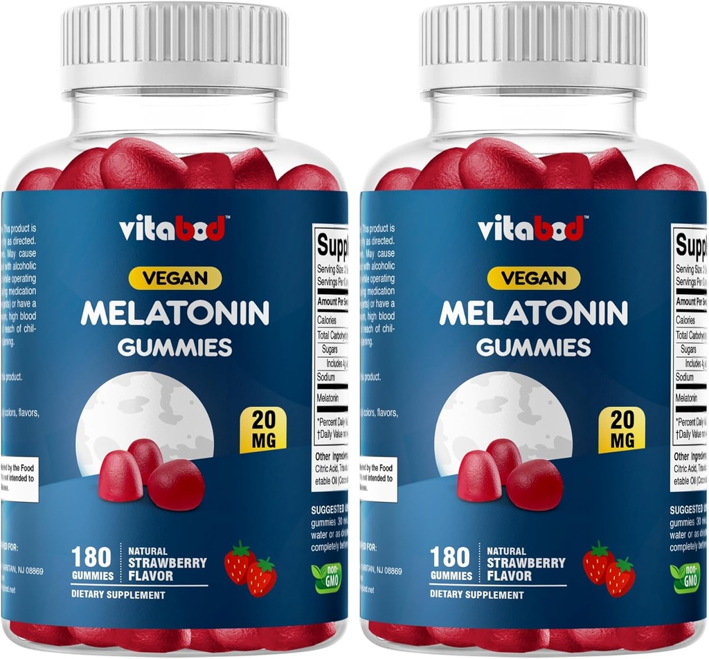 Melatonin 20mg Gummies - 180 Count - Drug Free - Natural Strawberry Flavor - Vegetarisk, Non- GMO, Gluten Free (2 flasker)