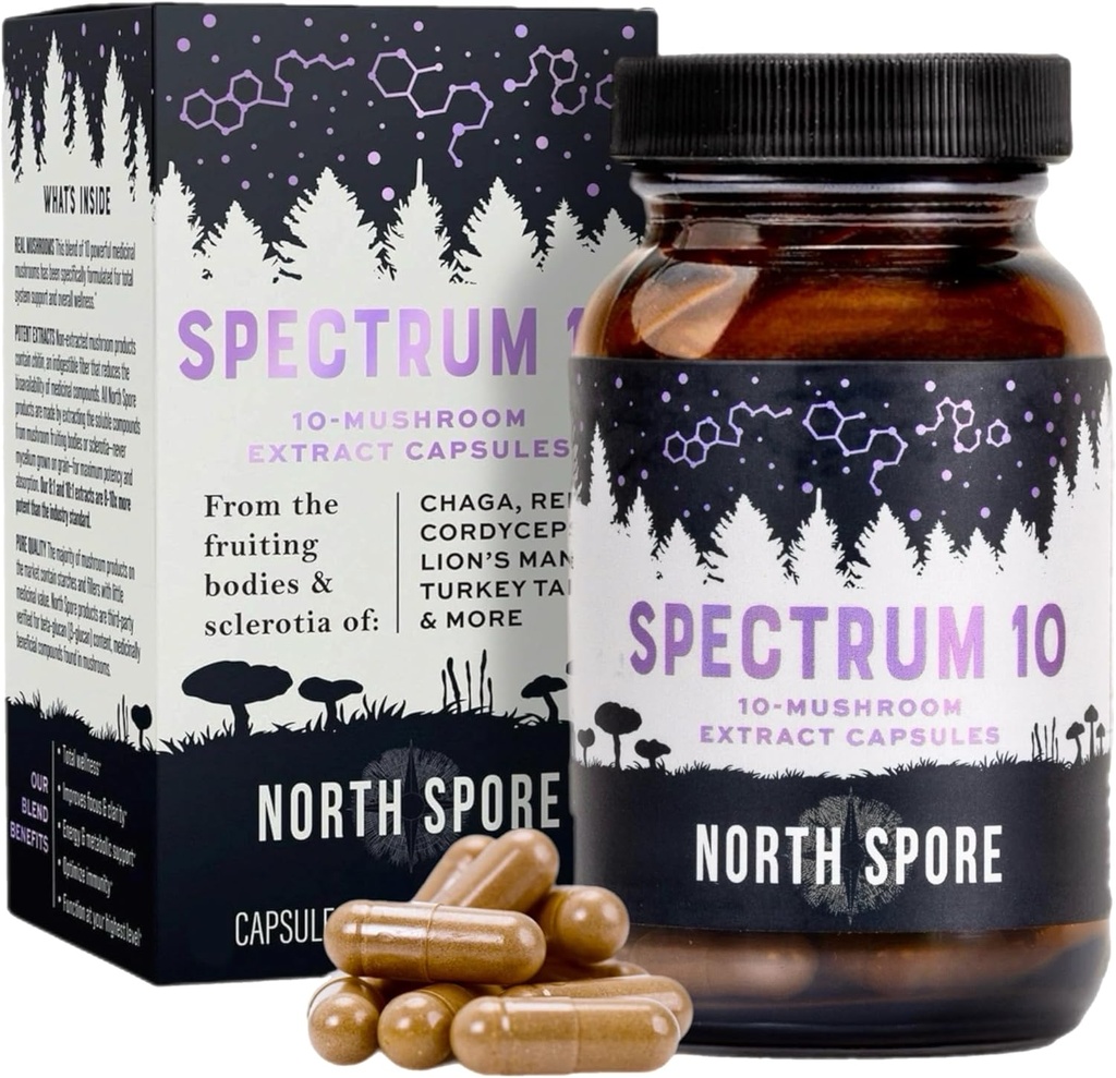 North Spore Organic 'Spectrum 10' Mushroom Uddrag Kapsler 124; Cognitive Supplementet 124; Lion 's Mane, Chaga, Cordyceps, Reishi, Tyrkiet Tail 124; 10 Medicinsk Mushrooms