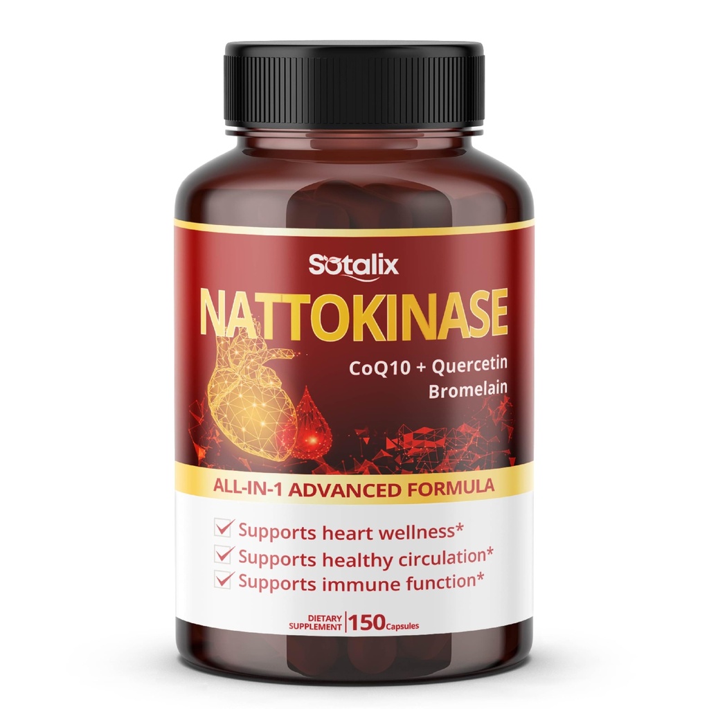 Natokinase med CoQ10 + rød gær Rice Quercetin + bromelain - immunbooster - USA Made & Tested (150-dages levering (pakke med 1))